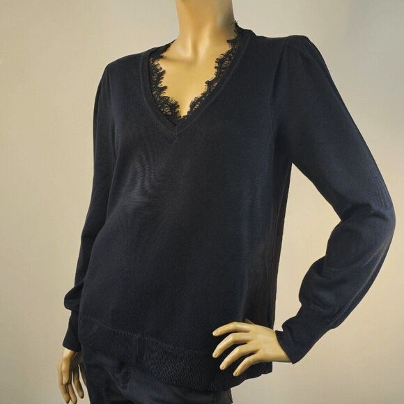 Vince Camuto Lace Trim V Neck Sweater Black Long Sleeve Pullover Women Size L - Picture 1 of 8